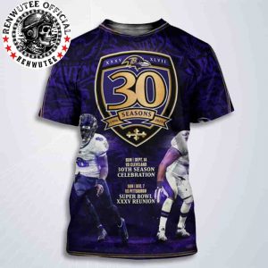 Celebrate 30th Season Baltimore Ravens NFL Sept 14 vs Cleveland And Dec 7 vs Pittsburgh Super Bowl XXXV Reunion All Over Print T-Shirt