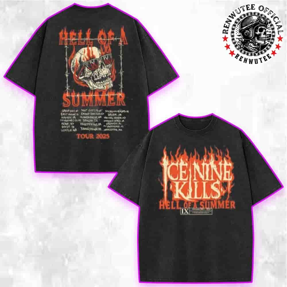 Ice Nine Kills Hell Of A Summer Tour Dates List 2025 Merch Flame Skull Washed T-Shirt