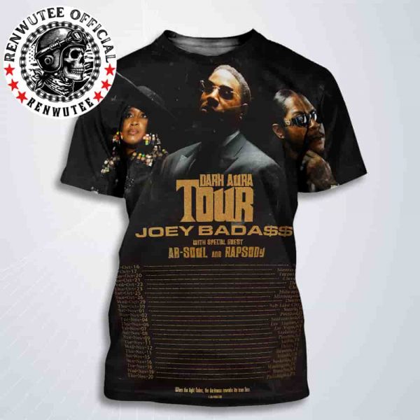 Joey Badass The Dark Aura Tour Dates List 2025 With Ab-Soul And Rapsody When The Light Fades The Darkness Reveals Its True Face All Over Print T-Shirt